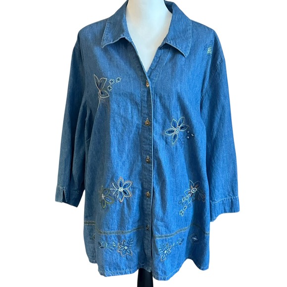 City Blues by Koret Tops - City Blues by Koret Denim Shirt‎ 3X Embroidered Flowers 3/4 Sleeve Button Up